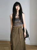 Vevesc Women brown Gothic A-line Long Skirt Vintage Y2k Skirt Harajuku Korean Streetwear Skirts 2000s Goth Clothes Summer