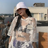 Vevesc Japanese O-neck Oversize Tee Shirt Summer Sexy See Through Mesh Lace T-shirt Y2k E-Girl Short Sleeve Bottoming Tops Women