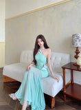 Vevesc  Fairy Halter Long Evening Dresses Women Sexy Butterfly Backless Hollow Out Waist Slim Patchwork Mesh Party Dress Robe