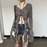 Vevesc Gothic Vintage Y2k Lace Up Shirt Women Aesthetic Crop Irregular Blouses Coquette V Neck Grunge Harajuku Korean Fashion