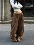 Vevesc Brown Womens Jeans High Waist Vintage Design Hip Hop Straight Baggy Denim Pants Street Y2K American Style Wide Leg Denim Trouser