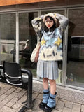 Vevesc Harajuku Lazy Graffiti O-neck Blue Tops Women Summer New Knitted Pullover Y2k E-Girl Long Sleeve Loose Sweaters Mujer