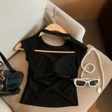 Vevesc Sexy High Street All Match Summer All Match Tops Solid Base Harajuku Punk Casual Girl Clothes Y2k Aesethes Backless Design Tees