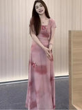 Vevesc Summer New U-neck Dress For Women Sweet Pink Flower Print Dresses Y2k E-Girl Slim Waist Short Sleeve Vestidos Mujer