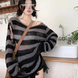 Vevesc Sexy Hollow Out Striped Long Sweaters Punk Gothic Cool Hole Broken Jumpers Over Size Loose Rock Dark  Pullovers Sweaters