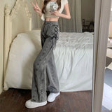 Vevesc Black Gray Lace Up Design Jeans Women Vintage High Waist Straight Denim Pants Female Autumn Winter New Chic Wide Leg Trousers