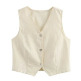 Vevesc  Summer New Women's All Cotton Casual Fashion Slim Fit V-neck Single breasted Vest&Wide Leg Pants Set