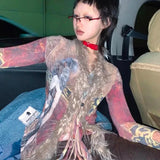 Vevesc Grunge Y2k Vintage Shirt Women Harajuku Japanese Mesh Tops Gothic Print Blouses Retro Streetwear 2000s Shirt Aesthetics