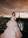 Vevesc Beautiful Light Pink Fluffy Tiered Tulle Bridal Dresses Voluminous Tulle Maxi Gowns Romantic Wedding Gowns
