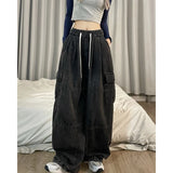 Vevesc Y2K Vintage Oversized Loose Cargo Jeans Women Elastic Big Pocket Wide Leg Denim Pants Fashion Hip Hop Casual Straight Trousers