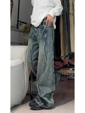 Vevesc Oversize Vintage Street Denim Pants Women Y2k E-Girl High Waist Ruched Straight Trousers 2024 Spring New Loose Wide Leg