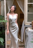 Vevesc Sexy Sleeveless Satin Mermaid Long Dresses for Women Summer French Elegant Fashion Slim Solid Tank Evening Party Robe