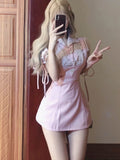 Vevesc Pink Sweet Kawaii Two Piece Set Women Korean Fashion Party Mini Dress Set Female Bow Lace Tops + Cute Princess Dress Suit