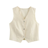Vevesc  Summer New Women's All Cotton Casual Fashion Slim Fit V-neck Single breasted Vest&Wide Leg Pants Set