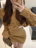 Vevesc Beige Sweater Two Piece Set Women Korean Elegant Party Mini Skirt Set Female Casual Designer Knitted Skirt Suit Autumn New