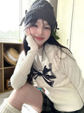 Vevesc Kawaii Bow Sweaters Women Y2K Japanese Style Half Turtleneck Long Sleeve Knit Jerseys Gyaru Slim Jumpers Kpop Tops