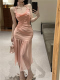 Vevesc  Sexy 3D Flowers Suspender Party Dress Women Sleeveless High Waist Slim Folds Mesh Mid Length Evening Dresses Elegant