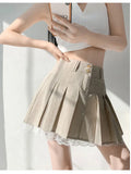 Vevesc Korean Fashion Khaki Pleated Skirt Lace Trim Women Preppy Style Button Up High Waist Cute Sexy Summer Kawaii Mini Skirt