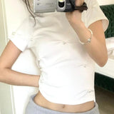 Vevesc  Y2k Lace Ruffles T Shirt for Women Beading Solid Spring Summer Vintage Ropa De Mujer Fashion Sweet Sexy Camisetas