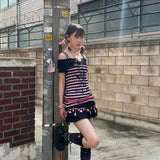 Vevesc Y2k Aesthetic Harajuku Streetwear Shirts Harajuku Off The Shoulder Spliced Striped Constrast Color Tops Suncultural Punk Clothes