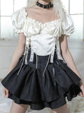 Vevesc Kawaii Lolita Skirt Women Japanese Fashion High Waist A-line Bow Bandage Vintage Mini Ruffles Suspender Skirt Summer