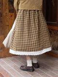 Vevesc Harajuku Plaid Long Skirts Women Japanese Vintage Lace Preppy High Waist A Line Midi Skirt Korean Fashion Casual Female Faldas