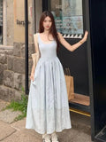 Vevesc  New Women Blue Patchwork Sleeveless High Waist Pleated Vest Dress Summer Fashion Sexy Backless Elegant Holiday Long Dress Casual