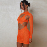 Vevesc See Through Mesh Cut Out Dresses For Women Summer Fashion Y2K Black Long Sleeve Short Dress Sexy Club Outfits