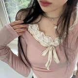 Vevesc Lace Patchwork Ropa Mujer Camisetas Fake Two Piece Lace-up Bow Slim Waist Hotsweet Long Sleeve Tshirts Y2k Women Tees Pink