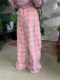 Vevesc Y2K Pink Plaid Pants Women Korean Fashion Winter Checked Trousers Oversized Harajuku Vintage 90s Wide  Leg Pantalones