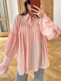 Vevesc  Summer Ruffled Loose Shirts Cardigan For Women Lapel Long Sleeve Casual Solid See-Through Blouse Female Pleated Shirts New