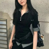 Vevesc Y2k Aesthetic Vintage Constrast Color Fashion Popular Tops Harajuku Japanese Commuter Spliced Fake Two Piece Punk Casual Clothes