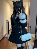 Vevesc Patchwork Woolen Coat Dress for Women Autumn New Slim Waist Dresses Y2k Long Sleeve Fur Lapel Neck Vestidos Mujer