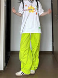 Vevesc Y2K Green Parachute Pants Women Oversized Korean Style Wide Leg Track Trousers Streetwear Harajuku Hip Hop Sweatpants