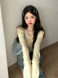 Vevesc Grunge Solid Streetwear T-shirt Spring Cross Pleated Y2k Aesthetic Sweet Tops Harajuku Slim Harajuku Long Sleeve Zipper Tshirt