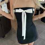 Vevesc Bow Tie Tube Top Backless Mini Dresses for Women Y2k Sexy Cute Black Dress Party Night Club Outfits