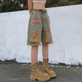 Vevesc Women Vintage Hole Denim Shorts Y2K Hip Hop High Street Jeans Shorts Bf Summer Baggy All Match Wide Leg Short Pants