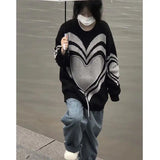 Vevesc O Neck Heart Print Gray Black Women Sueter Mujer Streetwear Knitted Oversize Y2k Pullover Sweaters American Vintage High Street