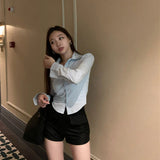 Vevesc White Shirts Women Korean Fashion Long Sleeve Slim Chic Crop Tops Office Lady Solid Turn Down Collar Button Casual Blouses