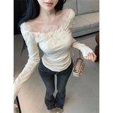 Vevesc French Elegant Slash Neck Fairy Flower Appliques Tops Temperament All Match Base Women Shirts Y2k Aesthetic Streetwear Girl Tees