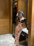 Vevesc  Velvet Evening Dresses Women Sexy Floral Long Sleeve Elegant Slim Patchwork Cocktail Dress Performance Party Ladies
