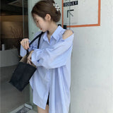 Vevesc Off Shoulder Blue Striped Long Sleeve Women Chemise Femme Chic High Street Blouse Oversize Hollow Out Shirts Turn Down Collar