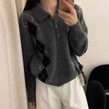 Vevesc Vintage All-match Lapel Neck Pullovers Y2k Argyle Long Sleeve Knitted Tops Women Autumn New Loose Sweaters Mujer