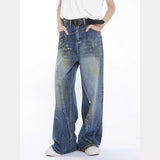 Vevesc Women's Washing Vintage Y2K 2000s Blue Wide Leg Jeans Street Style Baggy Pants Female Casual High Waist Straight Denim Trousers
