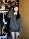 Vevesc Japanese Style Gray Jerseys Women Preppy Fashion Pullover Oversize Loose Sweaters Vintage Academic Knit Jumpers Female