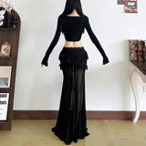 Vevesc Hotsweet Mesh Patchwork See Through Long Skirt Women Alt Bottoms Y2K Ruffles Package Hip Skirts Mall Gothic Streetwear