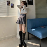 Vevesc Y2K Pleated Skirts Women Streetwear Bandage Mini Skirt Preppy Korean Elegant High Waist Lace Up All Match A Line Skirts