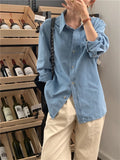 Vevesc  Women Blouse Female Shirt Summer Womens Blouses Spring Maxi Blusas Casual Cowboy Vintage Long Sleeve Denim Oversize Loose Blue