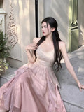 Vevesc summer French Vintage Evening Party Midi Dress Women Pink Korean Style Sweet Dress Female Bubble Sleeve Elegant Fairy Dress