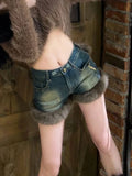 Vevesc Fur Feather Patchwork Denim Shorts Women Sexy High Street Jean  Female Tassel Hem Irregular Short Jeans Y2k